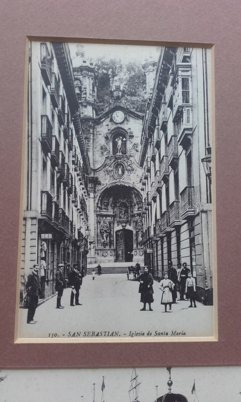 Black and White 150 Iglsia de Santa Maria and 15a Caseta Real de Banos Two Antique Mounted Photographic Postcards of San Sebastian