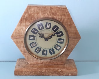 Art Deco Mercedes Hexagon Table Clock in Malta Stone with Roman Numerals