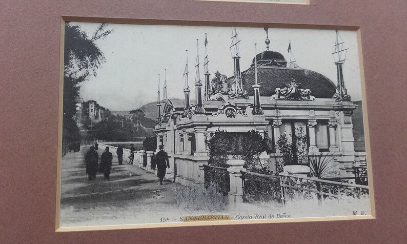 Black and White 150 Iglsia de Santa Maria and 15a Caseta Real de Banos Two Antique Mounted Photographic Postcards of San Sebastian