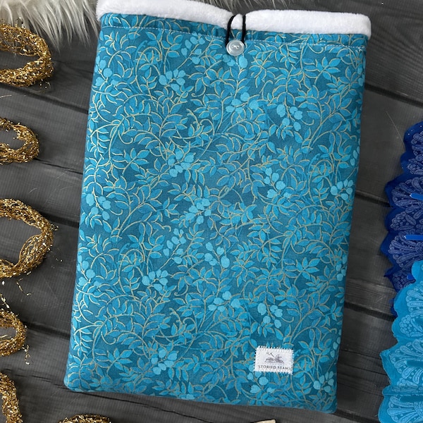 SPRING Book Sleeve - Teal/Gold Ivy Cotton w/White Minky