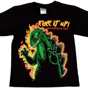 FIRE IT UP!   NotZilla. Kaiju! Screen-printed Y O U T H tee shirts with glow in the dark ink!