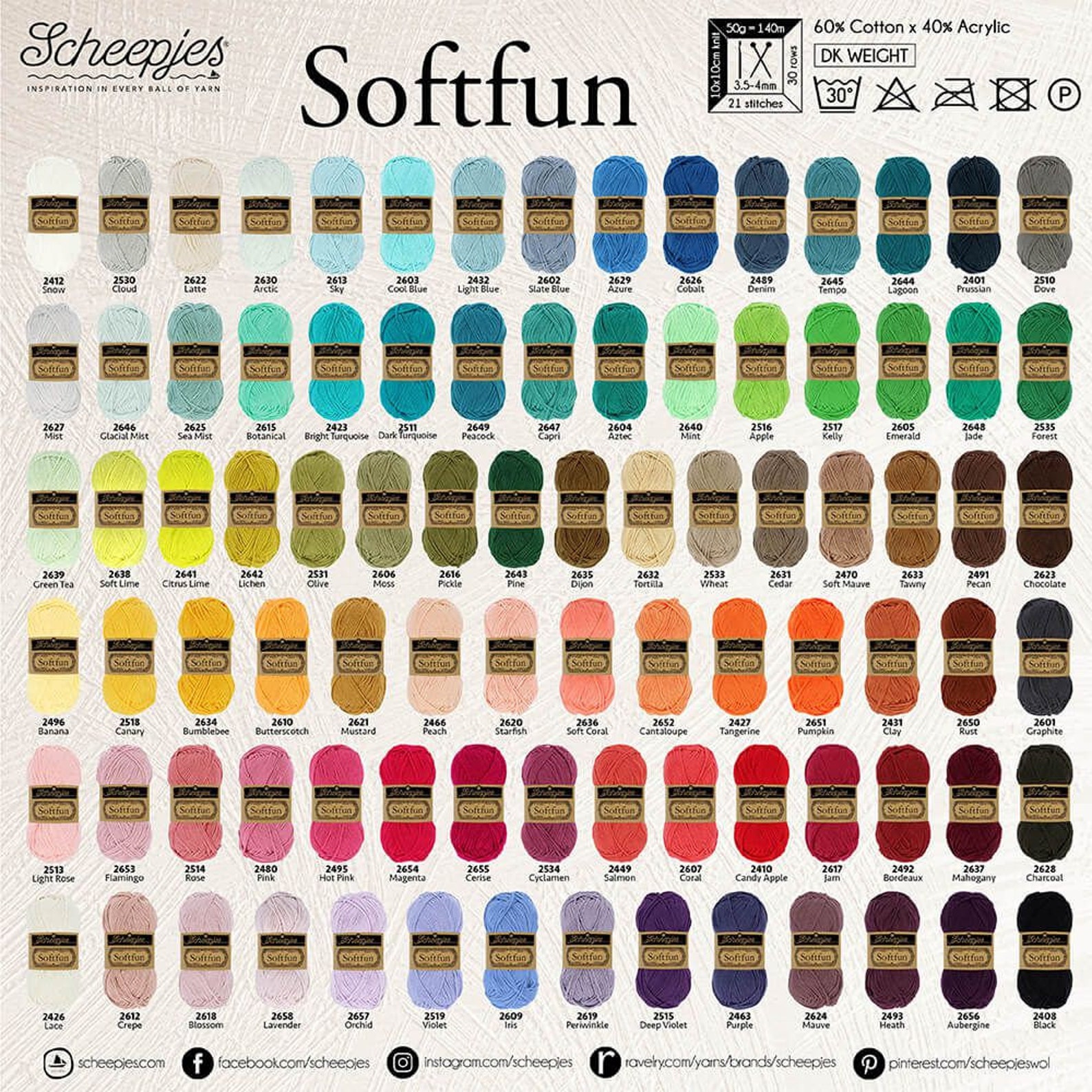 Scheepjes Softfun Yarn. Cotton and Acrylic, Machine Washable. 50g