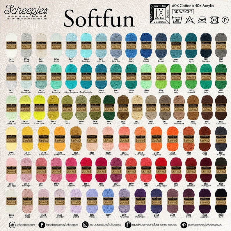Scheepjes Softfun Yarn. Cotton and Acrylic, Machine Washable. 50g