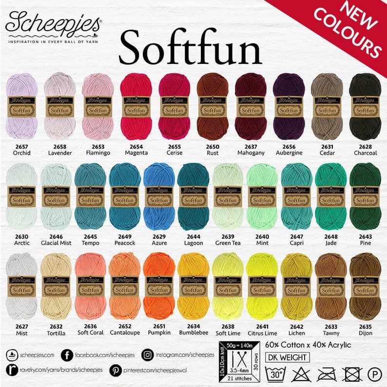 Scheepjes Softfun Yarn. Cotton and Acrylic, Machine Washable. 50g
