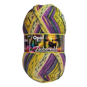 May include: A skein of Opal Zauberwald yarn in a multi-coloured pattern of yellow, purple, and green. The yarn is labelled "Opal Zauberwald" and "100g ca. 425m."