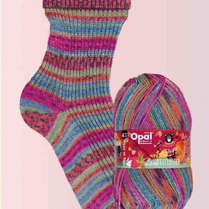 May include: A pair of colourful striped socks with a ball of yarn in the same pattern. The yarn is labelled "Opal" and "Laub Geflüster".