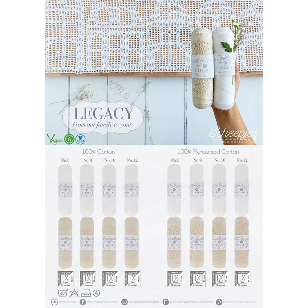 Scheepjes Legacy Cotton Nr.6 100g 240m. Color 009 White. 100 Premium