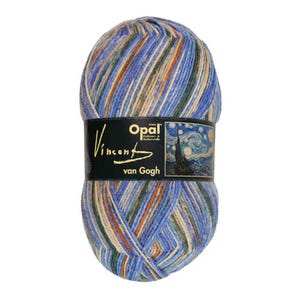 May include: A ball of blue, green, orange and white striped yarn with a label that reads "Opal" and "Vincent van Gogh". The label also features a painting of "The Starry Night" by Vincent van Gogh.