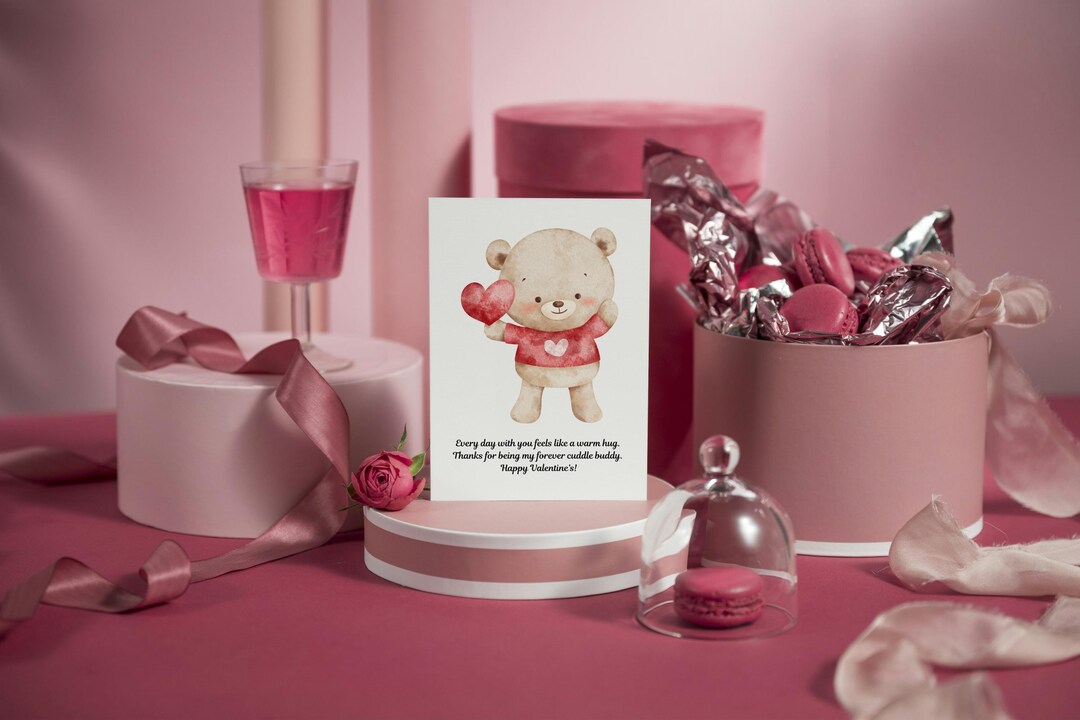 Printable Valentine's Day Card With Cute Teddy Bear Holding Heart DIY ...