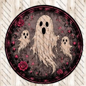 May include: A circular graphic design featuring three beige ghosts with dark oval eyes and mouths, surrounded by dark pink roses and black swirling vine patterns against a muted grey background, all enclosed within a thick black circular border.
