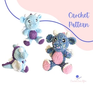 May include: Three crocheted dragon plushies in different colors and patterns. The dragons are sitting on a white background. The text "Crochet Pattern" is written in black at the top of the image.