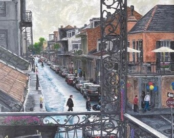 Pintura acrílica original: Domingo lluvioso en el barrio
