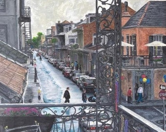 Giclee firmado a mano sobre lienzo: Domingo lluvioso en el barrio