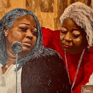 May include: A painting of two women, one with gray hair and a red shirt, the other with black hair and a black jacket. The woman with gray hair is wearing a pearl necklace and looking down. The woman with black hair is wearing a white shirt and looking to the side.