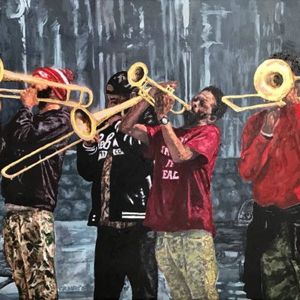 HALF-OFF SALE! Original acrylic painting: Where Ya At Brass Band, Jackson Square, New Orleans, 2018