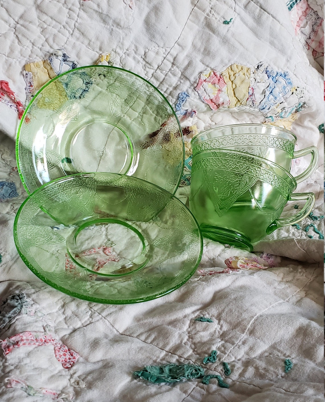 Green Depression Glass Georgian Love Birds 2 Cups and - Etsy