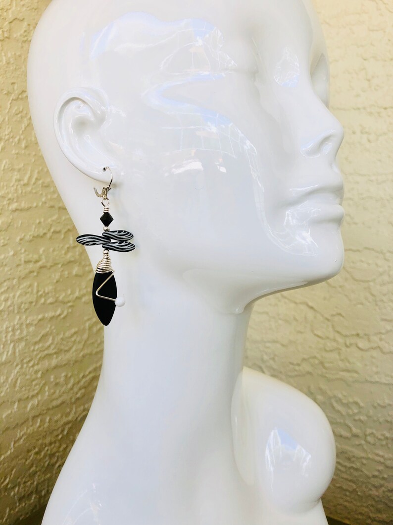 beach glass wire wrapped zebra dangle earrings sea glass earrings-black and white sea glass earrings-woman/'s gift-weddings-zebra jewelry