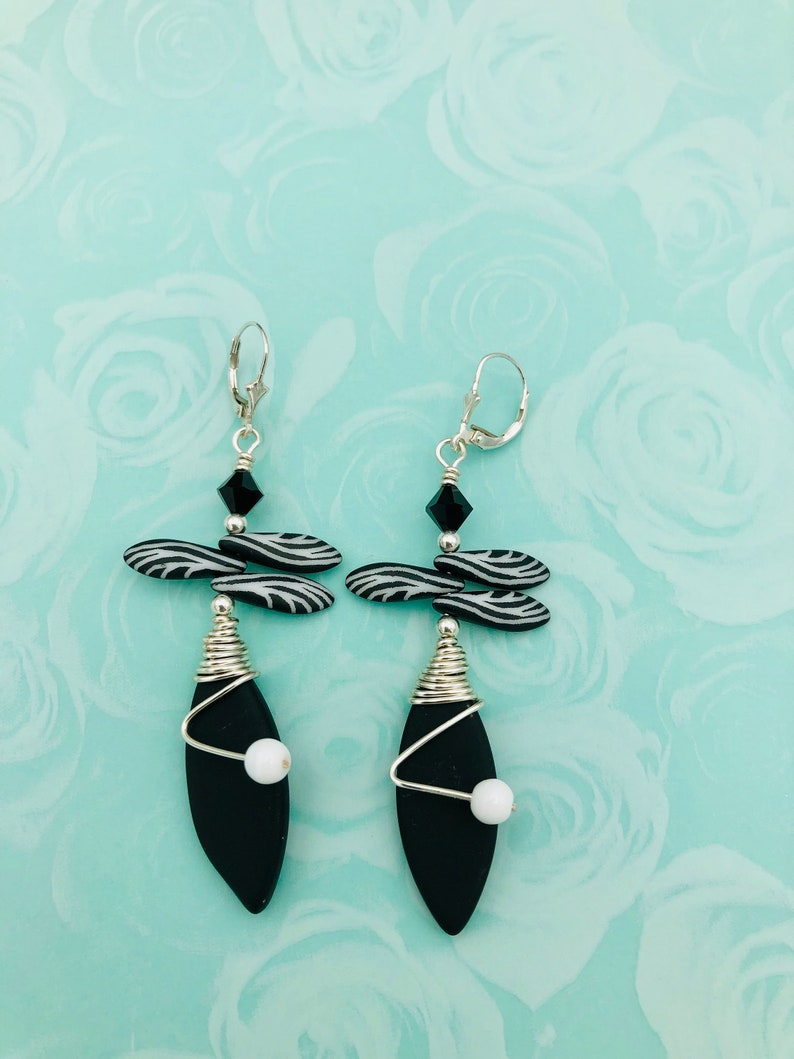beach glass wire wrapped zebra dangle earrings sea glass earrings-black and white sea glass earrings-woman/'s gift-weddings-zebra jewelry