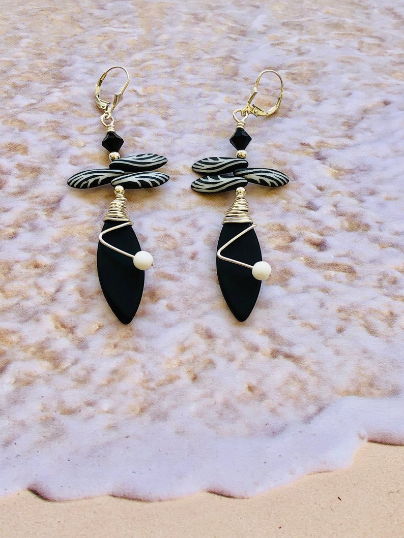 beach glass wire wrapped zebra dangle earrings sea glass earrings-black and white sea glass earrings-woman/'s gift-weddings-zebra jewelry