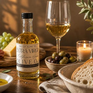 May include: A bottle of Valley Olive Oil, with the text "Extra Virgin California Grown Olive Oil", sits on a wooden table. A wine glass with white wine, olives, bread, cheese, and a lit candle are also present, creating a rustic, gourmet theme.