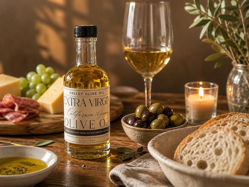 May include: A bottle of Valley Olive Oil, with the text "Extra Virgin California Grown Olive Oil", sits on a wooden table. A wine glass with white wine, olives, bread, cheese, and a lit candle are also present, creating a rustic, gourmet theme.