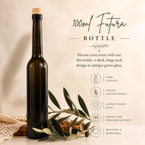 May include: An antique green glass bottle with a long neck and a wooden stopper. The bottle has a 100ml capacity and is labeled "Futura Bottle". The image also includes text that says "Sleek & Elegant Design" and "Perfect for Weddings & Events".