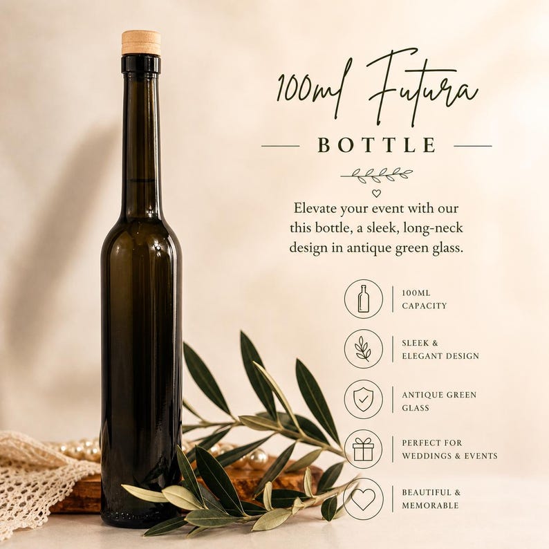 May include: An antique green glass bottle with a long neck and a wooden stopper. The bottle has a 100ml capacity and is labeled "Futura Bottle". The image also includes text that says "Sleek & Elegant Design" and "Perfect for Weddings & Events".