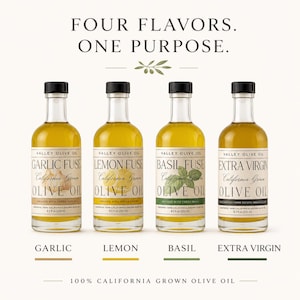 May include: Four bottles of olive oil with black caps and labels. The labels read "Garlic Fuse", "Lemon Fuse", "Basil Fuse", and "Extra Virgin". The text "Four Flavors. One Purpose." is at the top.