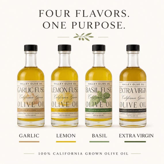 Gourmet California Olive Oil Gift Set | EVOO, Garlic, Lemon & Basil Fused Oils | Decorative Box Not Included
