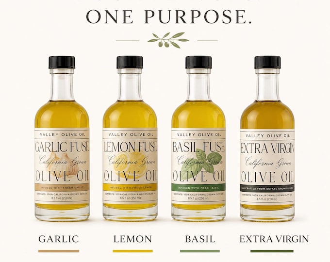 Gourmet California Olive Oil Gift Set | EVOO, Garlic, Lemon & Basil Fused Oils | Decorative Box Not Included