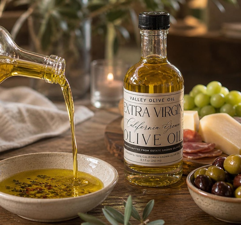 May include: A bottle of Valley Olive Oil Extra Virgin California Green Olive Oil, 8.5 fl oz (250 ml), with a black cap. Olive oil is being poured into a small bowl. Olives, cheese, and grapes are also present.