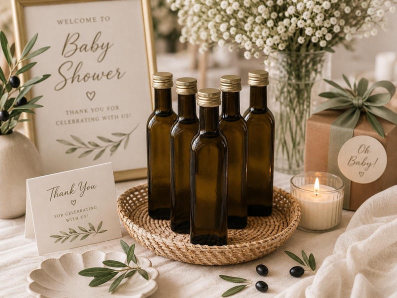 May include: A baby shower setup with olive oil bottles, a gift box, and a lit candle. A sign reads "Welcome to Baby Shower" and a card says "Thank You". The bottles are in a woven basket.