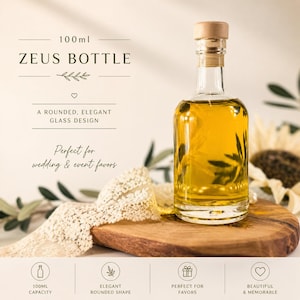 May include: A clear glass Zeus bottle filled with a yellow liquid, topped with a wooden stopper. The bottle sits on a wooden board. Text on the image reads "ZEUS BOTTLE" and "100ml capacity".