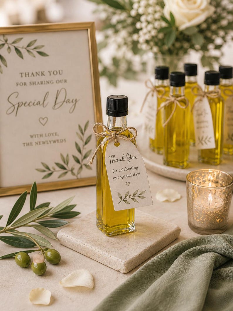 May include: A small glass bottle filled with yellow liquid, tied with twine and a tag that reads "Thank You". The bottle sits on a square stone, with a sign that says "Thank You for Sharing Our Special Day". A lit candle and olive branches are also present.
