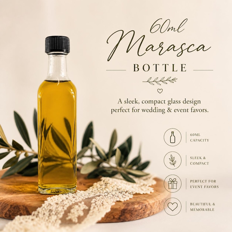 May include: A clear glass Marasca bottle with a black cap, filled with a yellow liquid. The bottle is 60ml in capacity. The image includes text that says "Marasca Bottle" and "perfect for wedding & event favors."