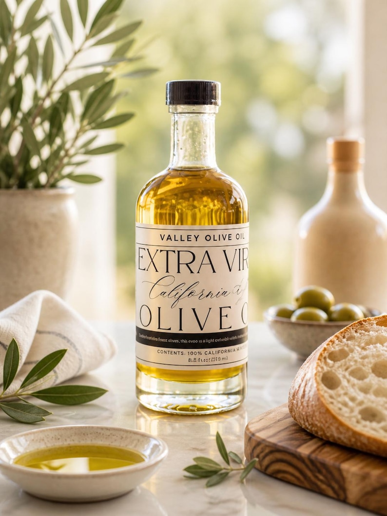 May include: A clear glass bottle of Valley Olive Oil with a black cap, labeled "Extra Virgin California Olive Oil." The bottle is filled with golden olive oil. A small bowl of olive oil, olives, and bread are also in the image.