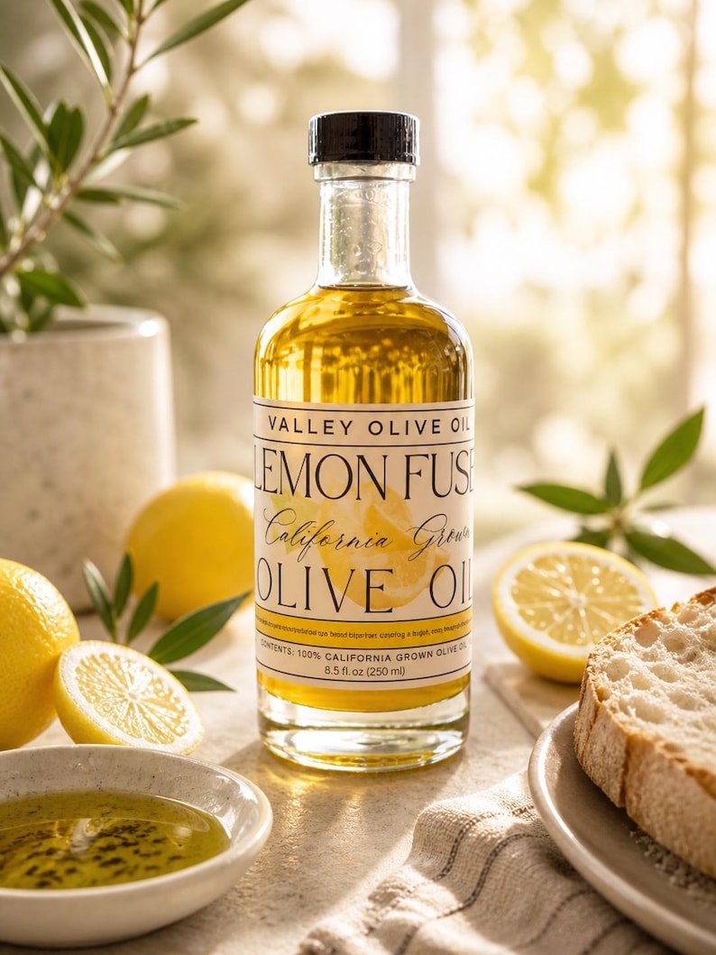 May include: A clear glass bottle of lemon-infused olive oil with a black cap, labeled "Valley Olive Oil Lemon Fuse California Grown Olive Oil." The bottle is surrounded by lemons, a small bowl of oil, and a slice of bread. The bottle contains 8.5 fl oz (250 ml).