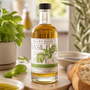 May include: A clear glass bottle of Valley Olive Oil, labeled "Basil Fuse California Grown Olive Oil." The bottle contains golden olive oil and is topped with a black cap. The label also indicates the contents are 8.5 fl oz (250 ml).