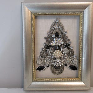 Christmas Tree Framed Jewelry Art in Black, Pearls, Crystals  And Rhinestones