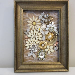 Floral Framed Jewelry Art In White And Cream With Rhinestones
