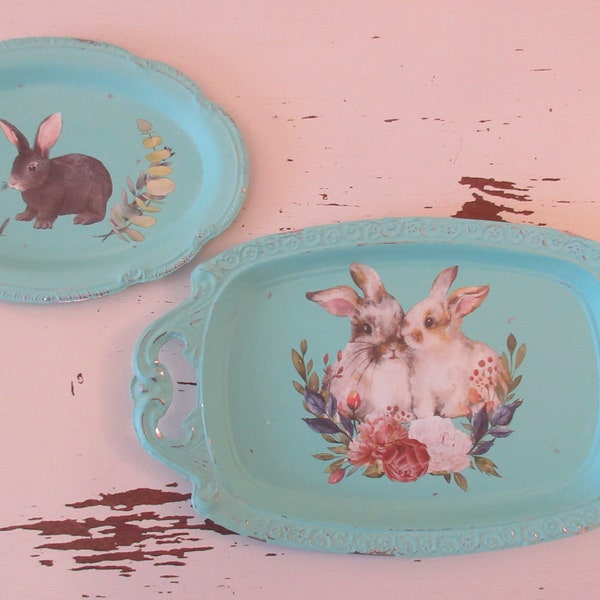 Two vintage silver plate trays, painted light teal with bunny transfer designs