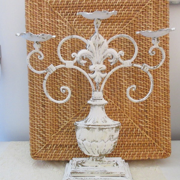 Vintage metal candelabra, chalk-painted white and distressed