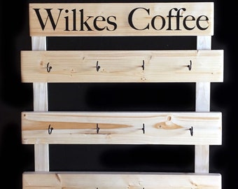 Personalized Coffee mug rack 12 cup coffee rack wall display Cup collection wall mounted wood Tea cup display wood rack Coffe Bar sign