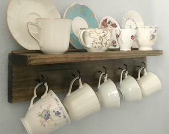 Cup and saucer display for tea cups and saucers Farmhouse teacup holder Tea or coffee bar decor