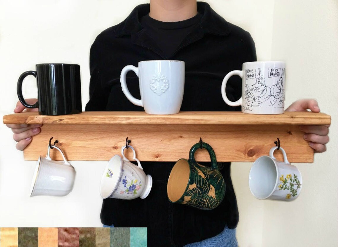 Black shelf with hooks for coffee mugs or tea cups Custom wood Etsy