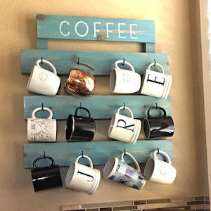 Aqua Farmhouse Beach style 12 cup coffee mug holder wall rack Teal decor Coffee mug rack, Wall mounted coffee mug rack