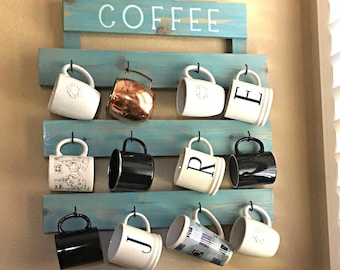 Aqua Farmhouse Beach style 12 cup coffee mug holder wall rack Teal decor Coffee mug rack, Wall mounted coffee mug rack