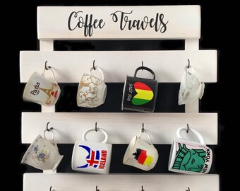 Whitewash coffee travels mug rack White kitchen decor Coffee Bar wall hanging 12 cup mug rack Tea cup holder Gift for traveler