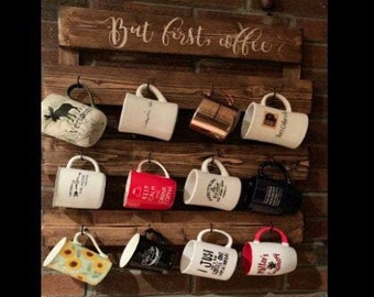But first coffee mug rack Coffee cup display wall mounted rack Coffee bar decor Farmhouse kitchen decor