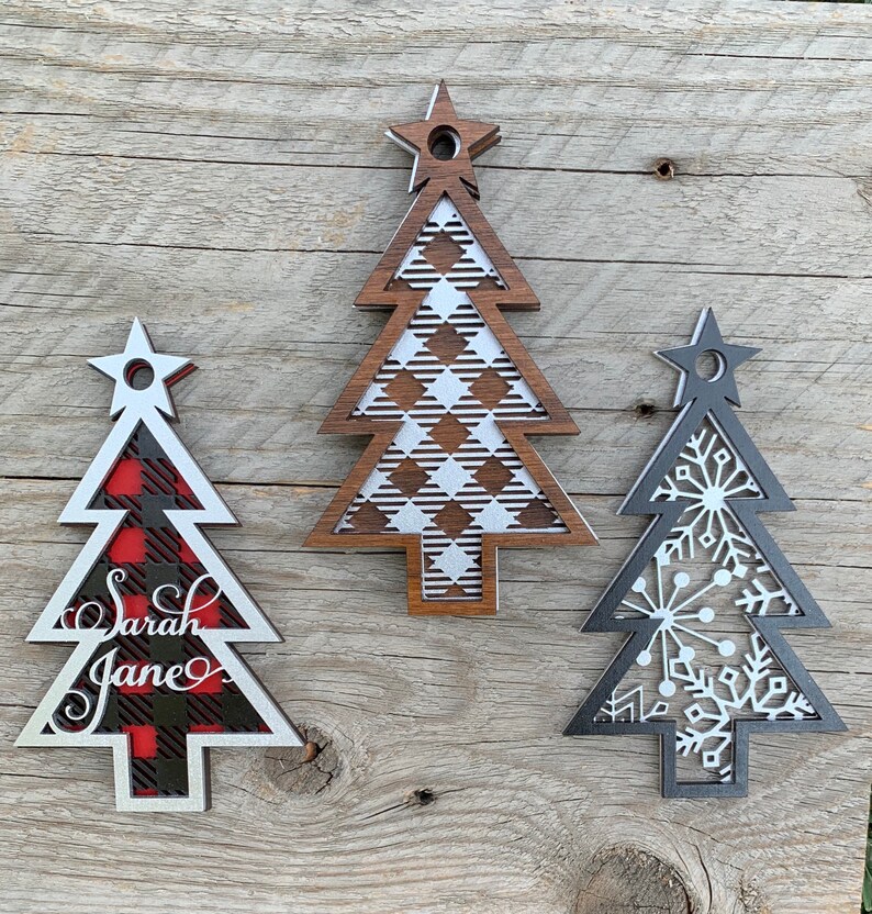 Download Plaid Christmas Tree 3 Layered Ornament SVG Glowforge | Etsy
